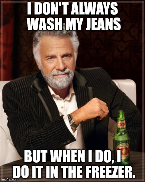The Most Interesting Man In The World Meme | I DON'T ALWAYS WASH MY JEANS BUT WHEN I DO, I DO IT IN THE FREEZER. | image tagged in memes,the most interesting man in the world | made w/ Imgflip meme maker