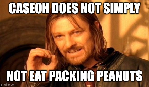 One Does Not Simply Meme | CASEOH DOES NOT SIMPLY; NOT EAT PACKING PEANUTS | image tagged in memes,one does not simply | made w/ Imgflip meme maker