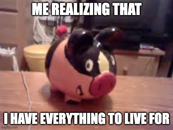 Praise the Lord! (im outta ideas) | ME REALIZING THAT; I HAVE EVERYTHING TO LIVE FOR | image tagged in tepig piggy bank not mine lol | made w/ Imgflip meme maker