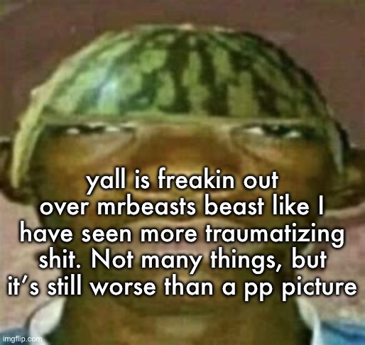 watremlon | yall is freakin out over mrbeasts beast like I have seen more traumatizing shit. Not many things, but it’s still worse than a pp picture | image tagged in watremlon | made w/ Imgflip meme maker