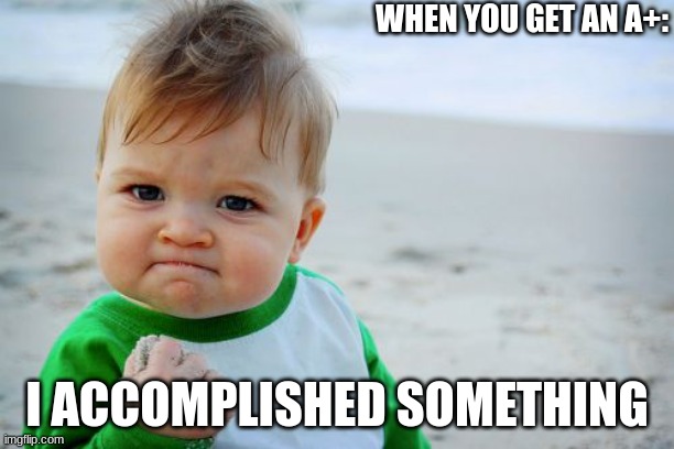 Success Kid Original | WHEN YOU GET AN A+:; I ACCOMPLISHED SOMETHING | image tagged in memes,success kid original | made w/ Imgflip meme maker