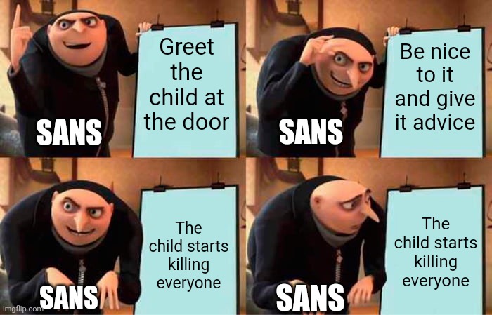 San's Plan | Be nice to it and give it advice; Greet the child at the door; SANS; SANS; The child starts killing everyone; The child starts killing everyone; SANS; SANS | image tagged in memes,gru's plan | made w/ Imgflip meme maker