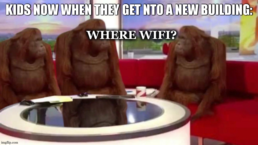 I am currently yapping in facts! | KIDS NOW WHEN THEY GET NTO A NEW BUILDING:; WHERE WIFI? | image tagged in orangutan interview,wifi | made w/ Imgflip meme maker