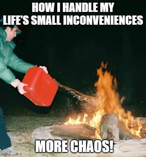 small inconveniences | HOW I HANDLE MY LIFE’S SMALL INCONVENIENCES; MORE CHAOS! | image tagged in memes | made w/ Imgflip meme maker