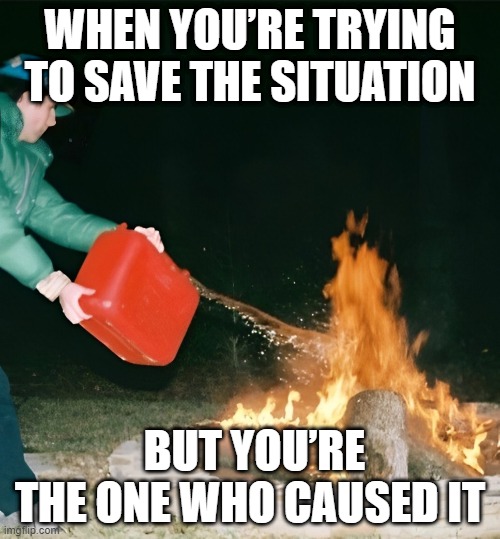 save the situation | WHEN YOU’RE TRYING TO SAVE THE SITUATION; BUT YOU’RE THE ONE WHO CAUSED IT | image tagged in memes | made w/ Imgflip meme maker