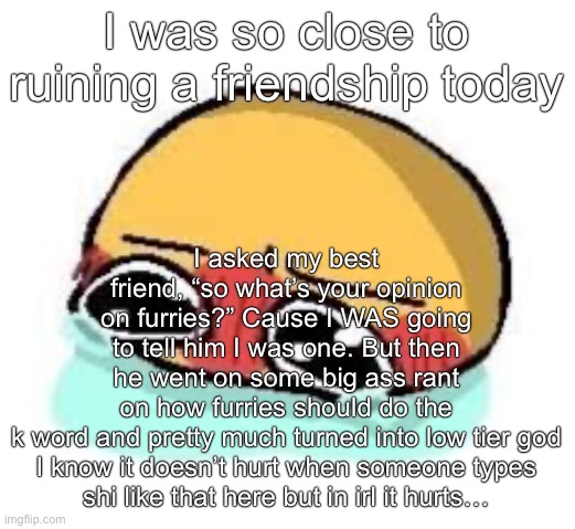 3: | I asked my best friend, “so what’s your opinion on furries?” Cause I WAS going to tell him I was one. But then he went on some big ass rant on how furries should do the k word and pretty much turned into low tier god

I know it doesn’t hurt when someone types shi like that here but in irl it hurts…; I was so close to ruining a friendship today | image tagged in amb shamb bbbmba | made w/ Imgflip meme maker