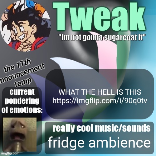 tweaks 17th announcement temp | WHAT THE HELL IS THIS
https://imgflip.com/i/90q0tv; fridge ambience | image tagged in tweaks 17th announcement temp | made w/ Imgflip meme maker