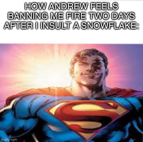 This is what happened, not the shit letter f made up | HOW ANDREW FEELS BANNING ME FIRE TWO DAYS AFTER I INSULT A SNOWFLAKE: | image tagged in superman starman meme | made w/ Imgflip meme maker