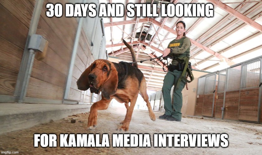 Where's Kamala...that's right. She has to hide. | 30 DAYS AND STILL LOOKING; FOR KAMALA MEDIA INTERVIEWS | image tagged in kamala harris,biased media,democrats,liberals,woke,leftists | made w/ Imgflip meme maker