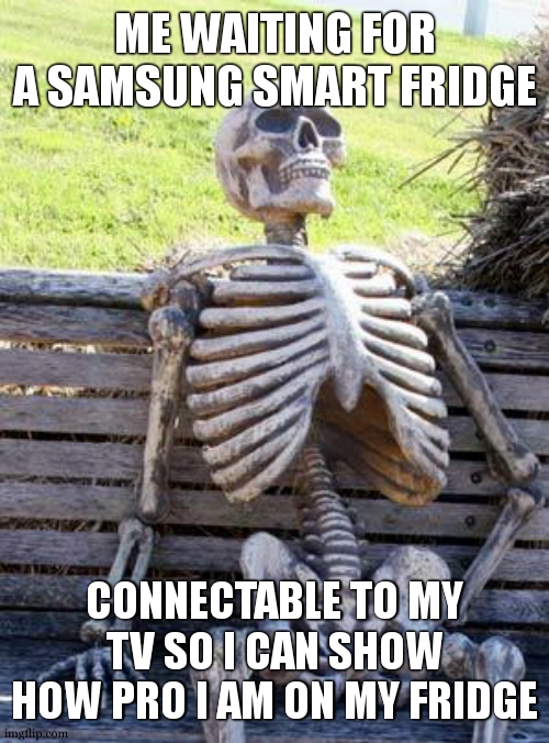 is also usefull for samsung smart fridge tournaments. | ME WAITING FOR A SAMSUNG SMART FRIDGE; CONNECTABLE TO MY TV SO I CAN SHOW HOW PRO I AM ON MY FRIDGE | image tagged in memes,waiting skeleton,samsung | made w/ Imgflip meme maker