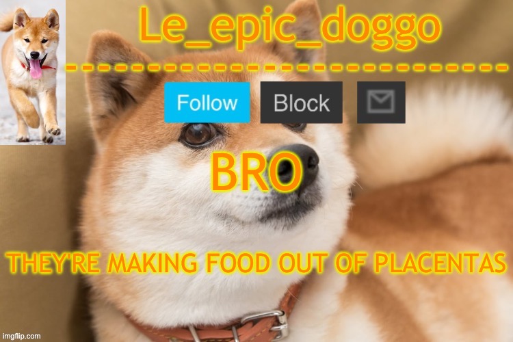 epic doggo's temp back in old fashion | BRO; THEY'RE MAKING FOOD OUT OF PLACENTAS | image tagged in epic doggo's temp back in old fashion | made w/ Imgflip meme maker