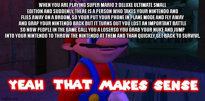 i have this every day. | WHEN YOU ARE PLAYING SUPER MARIO 2 DELUXE ULTIMATE SMALL EDITION AND SUDDENLY, THERE IS A PERSON WHO TAKES YOUR NINTENDO AND FLIES AWAY ON A BROOM, SO YOUR PUT YOUR PHONE IN PLANE MODE AND FLY AWAY AND GRAP YOUR NINTENDO BACK BUT IT TURNS OUT YOU LOST AN IMPORTANT BATTLE SO NOW PEOPLE IN THE GAME CALL YOU A LOSERSO YOU GRAB YOUR NUKE AND JUMP INTO YOUR NINTENDO TO THROW THE NINTENDO AT THEM AND THAN QUICKLY GET BACK TO SURVIVE. | image tagged in mario that make sense,relatable,meme | made w/ Imgflip meme maker