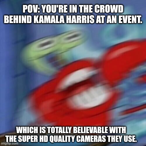 Mr krabs blur | POV: YOU'RE IN THE CROWD BEHIND KAMALA HARRIS AT AN EVENT. WHICH IS TOTALLY BELIEVABLE WITH THE SUPER HD QUALITY CAMERAS THEY USE. | image tagged in mr krabs blur | made w/ Imgflip meme maker