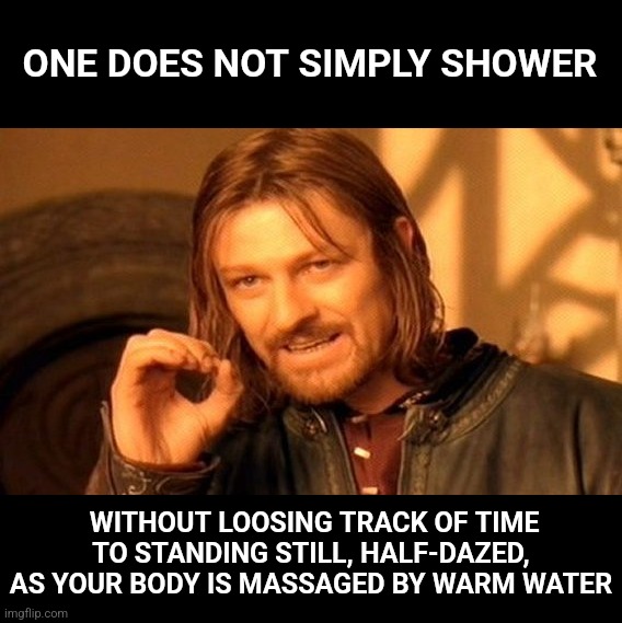 One Does Not Simply Meme | ONE DOES NOT SIMPLY SHOWER; WITHOUT LOOSING TRACK OF TIME TO STANDING STILL, HALF-DAZED, AS YOUR BODY IS MASSAGED BY WARM WATER | image tagged in memes,one does not simply | made w/ Imgflip meme maker