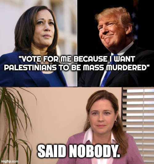 "VOTE FOR ME BECAUSE I WANT PALESTINIANS TO BE MASS MURDERED" SAID NOBODY. | image tagged in harris and trump,memes,they're the same picture | made w/ Imgflip meme maker