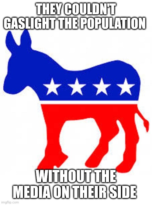 Democrat donkey | THEY COULDN'T GASLIGHT THE POPULATION; WITHOUT THE MEDIA ON THEIR SIDE | image tagged in democrat donkey | made w/ Imgflip meme maker