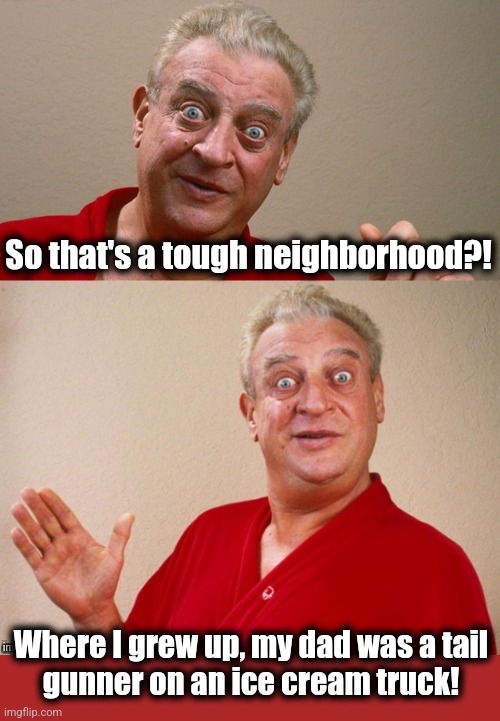 Classic Rodney | So that's a tough neighborhood?! Where I grew up, my dad was a tail
gunner on an ice cream truck! | image tagged in classic rodney | made w/ Imgflip meme maker