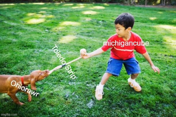 The Battle Between the 2 non ball shaped stateballs | michigancube; Toledo Strip; Ohiorawr | image tagged in dog tug of war,countryballs,michigan,ohio,toledo war,history memes | made w/ Imgflip meme maker