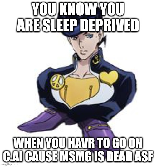 shoesuke | YOU KNOW YOU ARE SLEEP DEPRIVED; WHEN YOU HAVR TO GO ON C.AI CAUSE MSMG IS DEAD ASF | image tagged in shoesuke | made w/ Imgflip meme maker