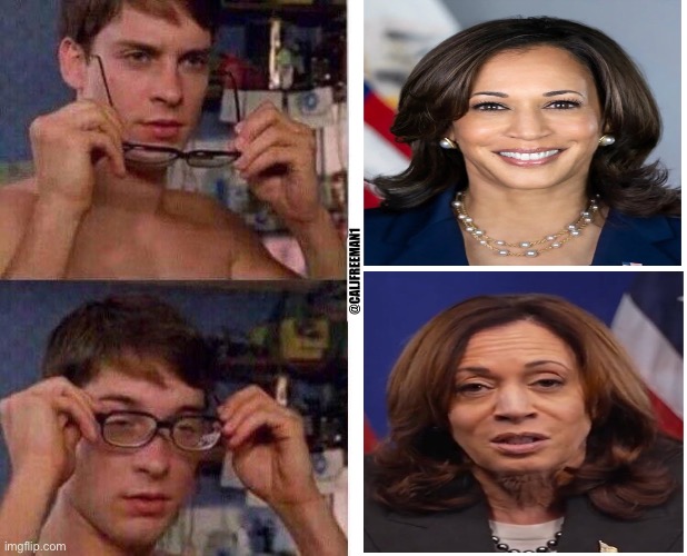 Spiderman Glasses | @CALJFREEMAN1 | image tagged in spiderman glasses,spiderman peter parker,kamala harris,maga,joe biden,presidential race | made w/ Imgflip meme maker