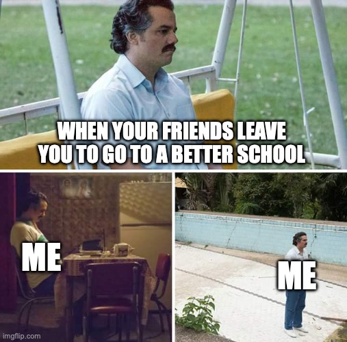 Happened to me during the first day of school | WHEN YOUR FRIENDS LEAVE YOU TO GO TO A BETTER SCHOOL; ME; ME | image tagged in memes,sad pablo escobar,sad,relatable memes,school | made w/ Imgflip meme maker