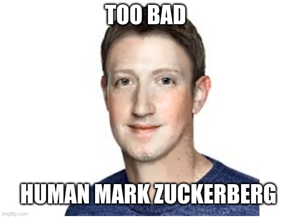 IDK if this is drawn or photoshopeed, i just took picture of him and drew on top to make him look human | TOO BAD; HUMAN MARK ZUCKERBERG | image tagged in zucc | made w/ Imgflip meme maker