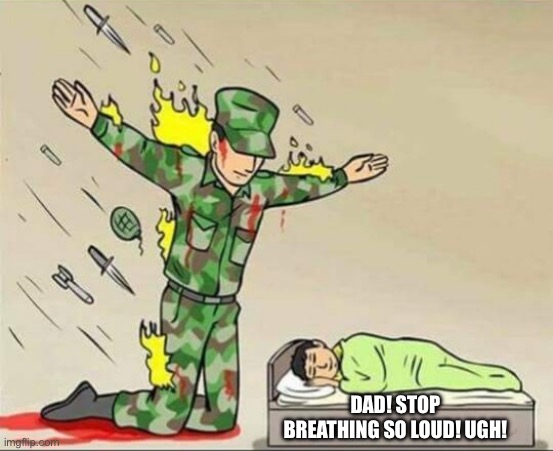 Soldier protecting sleeping child | DAD! STOP BREATHING SO LOUD! UGH! | image tagged in soldier protecting sleeping child | made w/ Imgflip meme maker