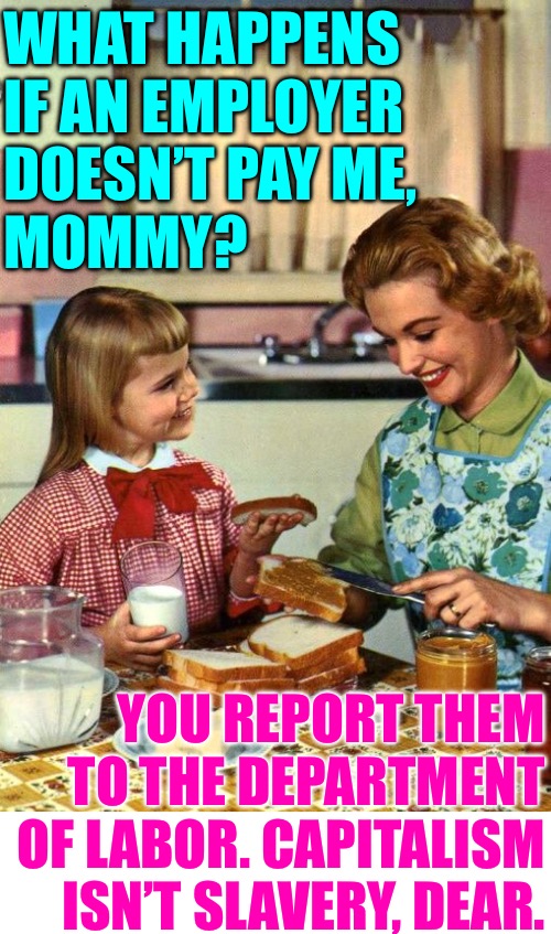 Business 101: Capitalism isn’t slavery | WHAT HAPPENS 
IF AN EMPLOYER 
DOESN’T PAY ME, 
MOMMY? YOU REPORT THEM TO THE DEPARTMENT OF LABOR. CAPITALISM ISN’T SLAVERY, DEAR. | image tagged in vintage mom and daughter,capitalism,business,the more you know,memes,employees | made w/ Imgflip meme maker