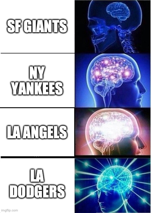 Expanding Brain | SF GIANTS; NY YANKEES; LA ANGELS; LA DODGERS | image tagged in memes,expanding brain | made w/ Imgflip meme maker