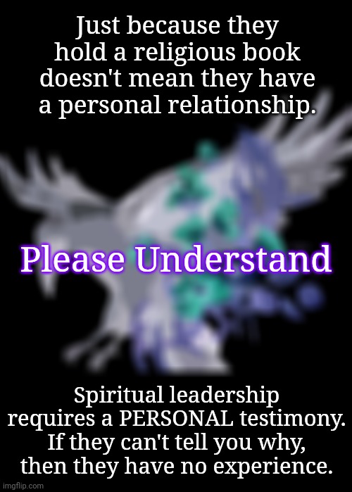 It Takes a Story | Just because they hold a religious book
doesn't mean they have a personal relationship. Please Understand; Spiritual leadership requires a PERSONAL testimony.
If they can't tell you why,
then they have no experience. | image tagged in blossomraveneski,spirituality,testimony | made w/ Imgflip meme maker