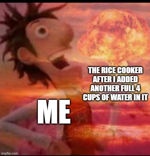 The rice cooker after i added another Full 4 cups of water in it: | THE RICE COOKER AFTER I ADDED ANOTHER FULL 4 CUPS OF WATER IN IT; ME | image tagged in mushroomcloudy,memes,funny,lol | made w/ Imgflip meme maker