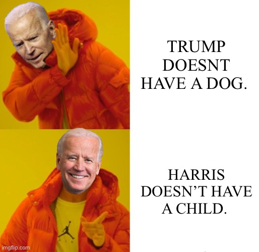 Now liberals want a childless woman who grow up in Canada to be making decisions for them. | TRUMP DOESN’T HAVE A DOG. HARRIS DOESN’T HAVE A CHILD. | image tagged in biden hotline bling | made w/ Imgflip meme maker