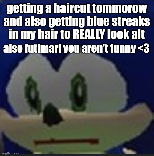 :( | getting a haircut tommorow and also getting blue streaks in my hair to REALLY look alt; also futimari you aren't funny <3 | made w/ Imgflip meme maker