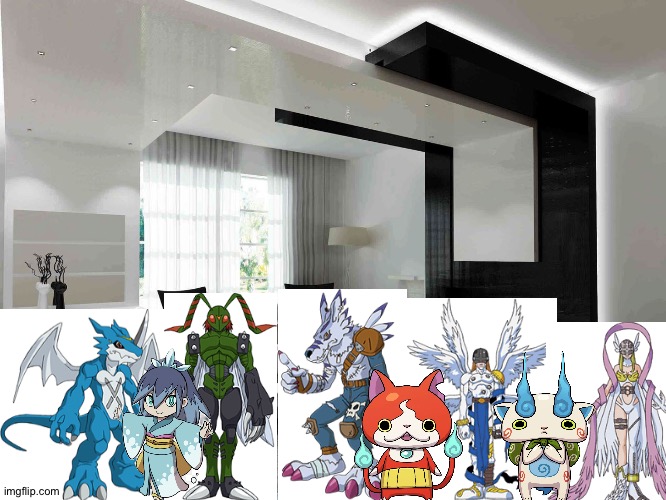 Exveemon and Friends having a party in their house | image tagged in bedroom,digimon,yokai watch,anime,crossover | made w/ Imgflip meme maker