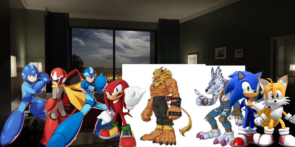 Megaman and Friends having a party in their fancy hotel room | image tagged in night bedroom,megaman x,sonic the hedgehog,megaman,digimon,crossover | made w/ Imgflip meme maker