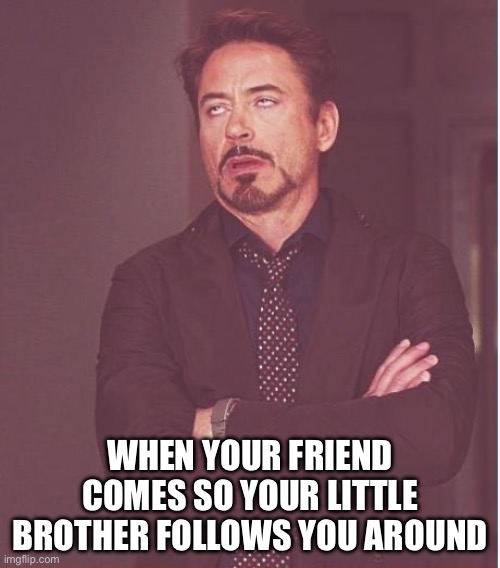 Real ??????? | WHEN YOUR FRIEND COMES SO YOUR LITTLE BROTHER FOLLOWS YOU AROUND | image tagged in memes,face you make robert downey jr | made w/ Imgflip meme maker