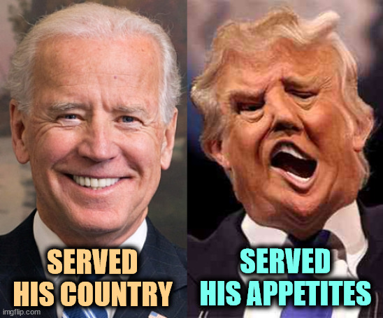 Trump, selfish and dangerous. | SERVED HIS APPETITES; SERVED HIS COUNTRY | image tagged in biden solid stable trump acid drugs,biden,patriot,service,trump,malignant narcissist | made w/ Imgflip meme maker