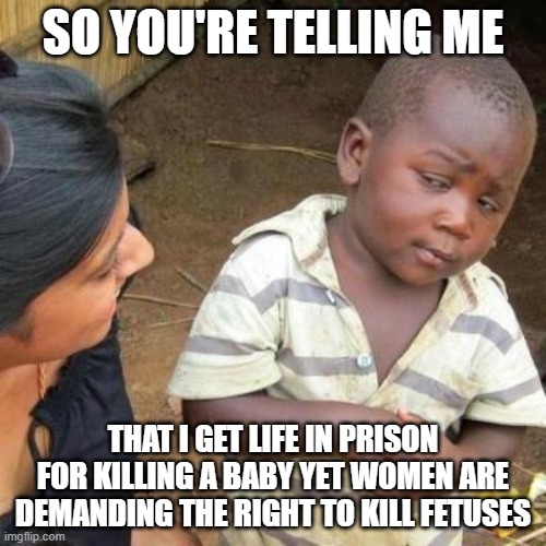 So You're Telling Me | SO YOU'RE TELLING ME; THAT I GET LIFE IN PRISON FOR KILLING A BABY YET WOMEN ARE DEMANDING THE RIGHT TO KILL FETUSES | image tagged in so you're telling me | made w/ Imgflip meme maker