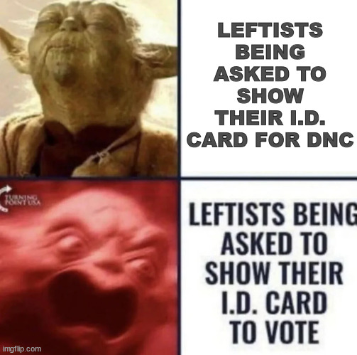 Leftist hypocrisy | LEFTISTS BEING ASKED TO SHOW THEIR I.D. CARD FOR DNC | image tagged in leftist,hypocrisy,dnc | made w/ Imgflip meme maker