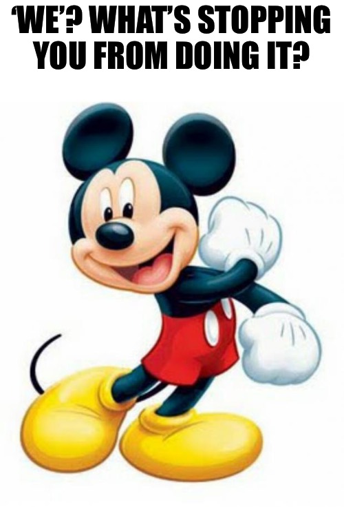 mickey mouse  | ‘WE’? WHAT’S STOPPING YOU FROM DOING IT? | image tagged in mickey mouse | made w/ Imgflip meme maker