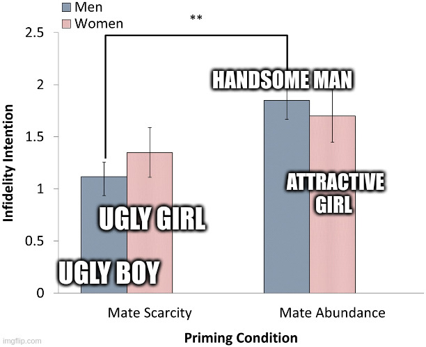 ugly boy 0 ugly girl 1 | HANDSOME MAN; ATTRACTIVE GIRL; UGLY GIRL; UGLY BOY | image tagged in infidelity | made w/ Imgflip meme maker