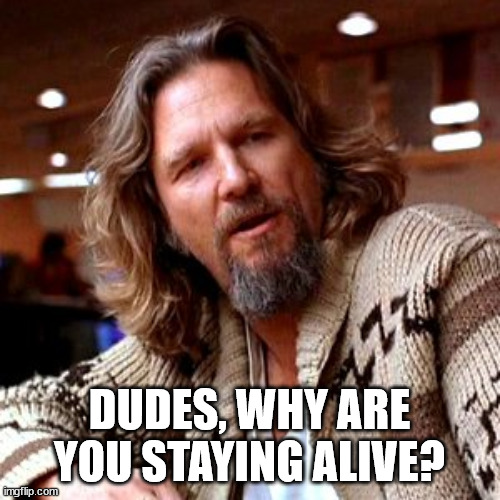 Confused Lebowski Meme | DUDES, WHY ARE YOU STAYING ALIVE? | image tagged in memes,confused lebowski | made w/ Imgflip meme maker