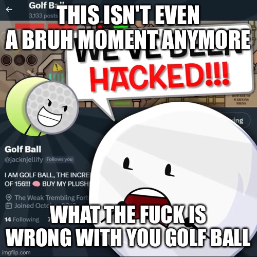 THIS ISN'T EVEN A BRUH MOMENT ANYMORE; WHAT THE FUCK IS WRONG WITH YOU GOLF BALL | made w/ Imgflip meme maker