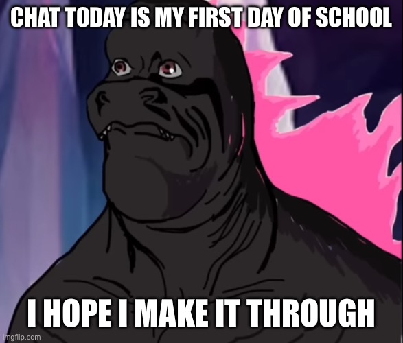 So far it’s kinda smooth, before school | CHAT TODAY IS MY FIRST DAY OF SCHOOL; I HOPE I MAKE IT THROUGH | image tagged in pink mf woke up to some dumbass monke what he gonna do | made w/ Imgflip meme maker