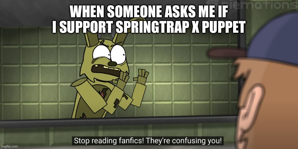 Springtrap is annoyed at mike for shipping springtrap X puppet | WHEN SOMEONE ASKS ME IF I SUPPORT SPRINGTRAP X PUPPET | image tagged in stop reading fan-fics | made w/ Imgflip meme maker