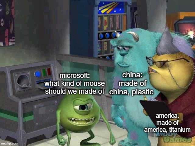 Mike wazowski trying to explain | china: made of china, plastic; microsoft: what kind of mouse should we made of; america: made of america, titanium | image tagged in mike wazowski trying to explain | made w/ Imgflip meme maker