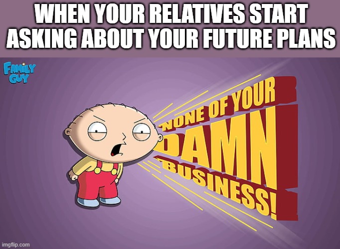 future plans | WHEN YOUR RELATIVES START ASKING ABOUT YOUR FUTURE PLANS | image tagged in memes,family guy | made w/ Imgflip meme maker