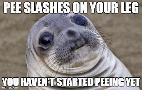 Awkward Moment Sealion | PEE SLASHES ON YOUR LEG YOU HAVEN'T STARTED PEEING YET | image tagged in memes,awkward moment sealion,AdviceAnimals | made w/ Imgflip meme maker