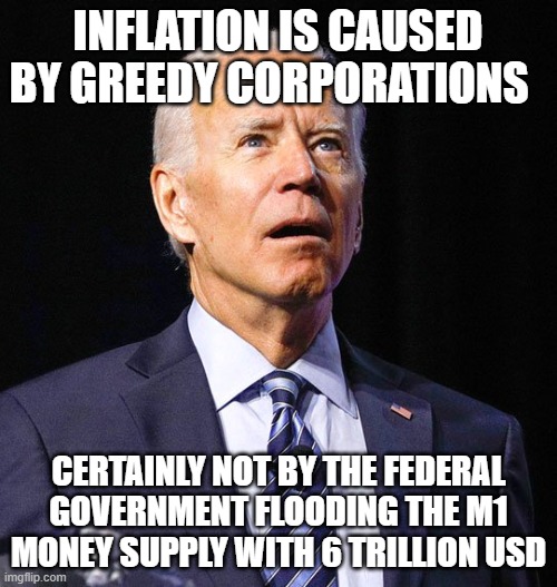 Joe Biden | INFLATION IS CAUSED BY GREEDY CORPORATIONS CERTAINLY NOT BY THE FEDERAL GOVERNMENT FLOODING THE M1 MONEY SUPPLY WITH 6 TRILLION USD | image tagged in joe biden | made w/ Imgflip meme maker