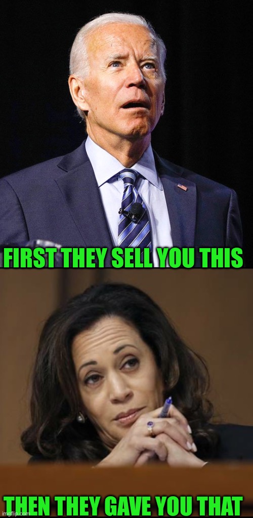 Will the real democrat party please stand up | FIRST THEY SELL YOU THIS; THEN THEY GAVE YOU THAT | image tagged in joe biden,kamala harris | made w/ Imgflip meme maker